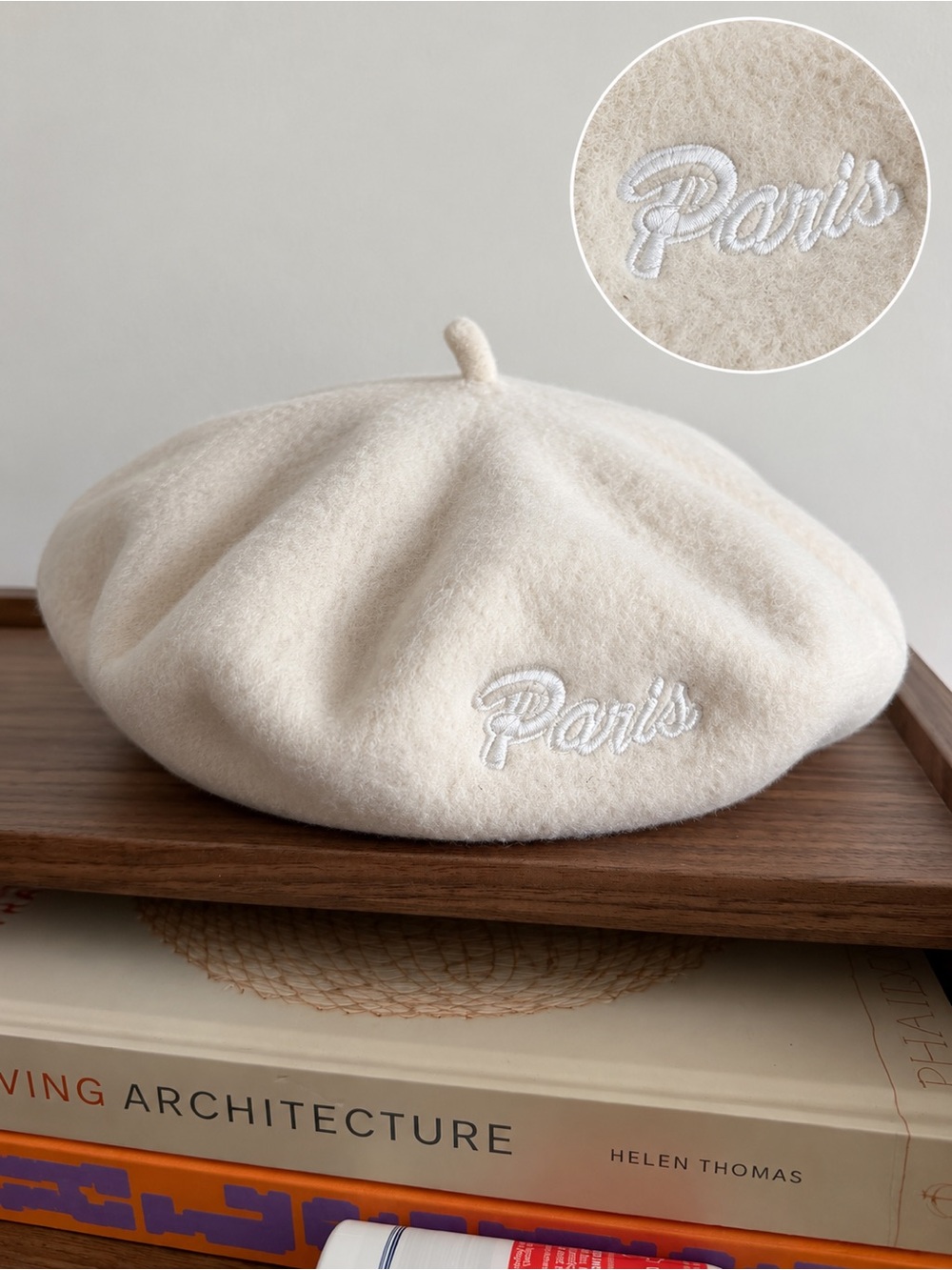 Vintage French Cream Wool Beret Hat with "Paris" Embroidery